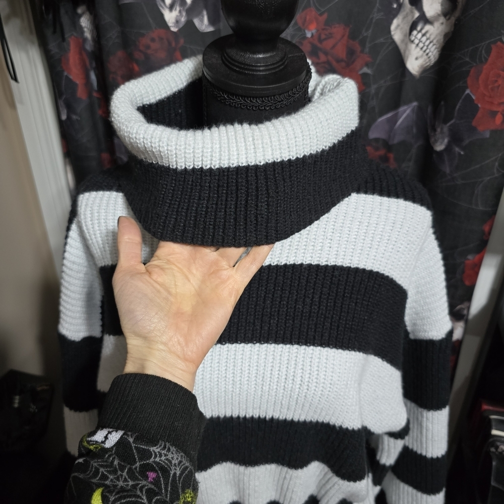 Striped Black and White Turtleneck Sweater Dress, XL - Picture 2 of 7